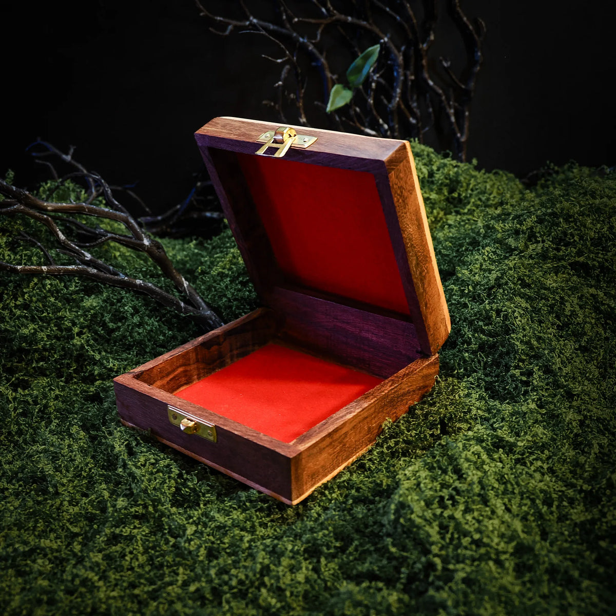 träask open visar bright red velvet interior lining, med mässing hinge hardware and wooden construction visible, visad on mörk bakgrund med white decorative grenar