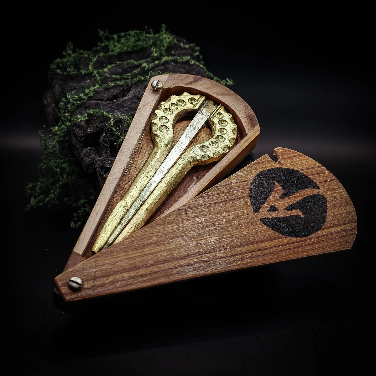 Mungiga med låda - Stämd (variant B) i mässing med låda i mörk trä graverad med vikingaskepp, ca 10x4 cm, fotograferad mot mossväxt sten