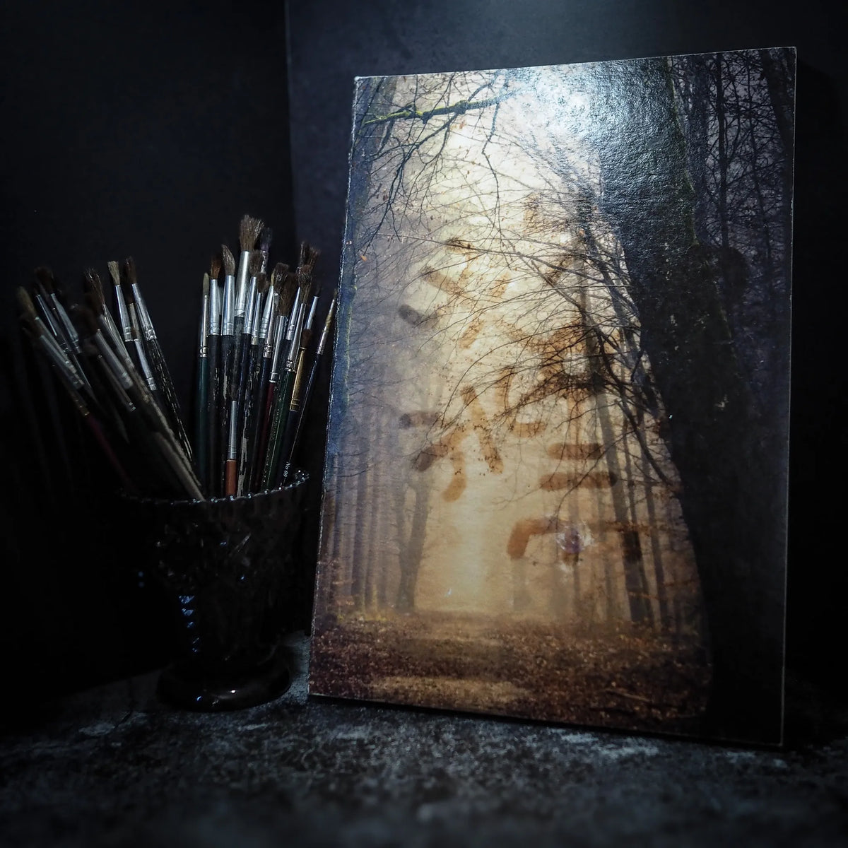Malebog i A4-format med mystisk skovscene på omslaget. Gyldengul lyseffekt gennem trælinjen som skaber vikingetids atmosfære. Håndlavet bomuldspapir, 32 sider. Vegvisir-motivet forestiller nordisk navigationssymbol. Pensel og blyantholder i baggrunden.