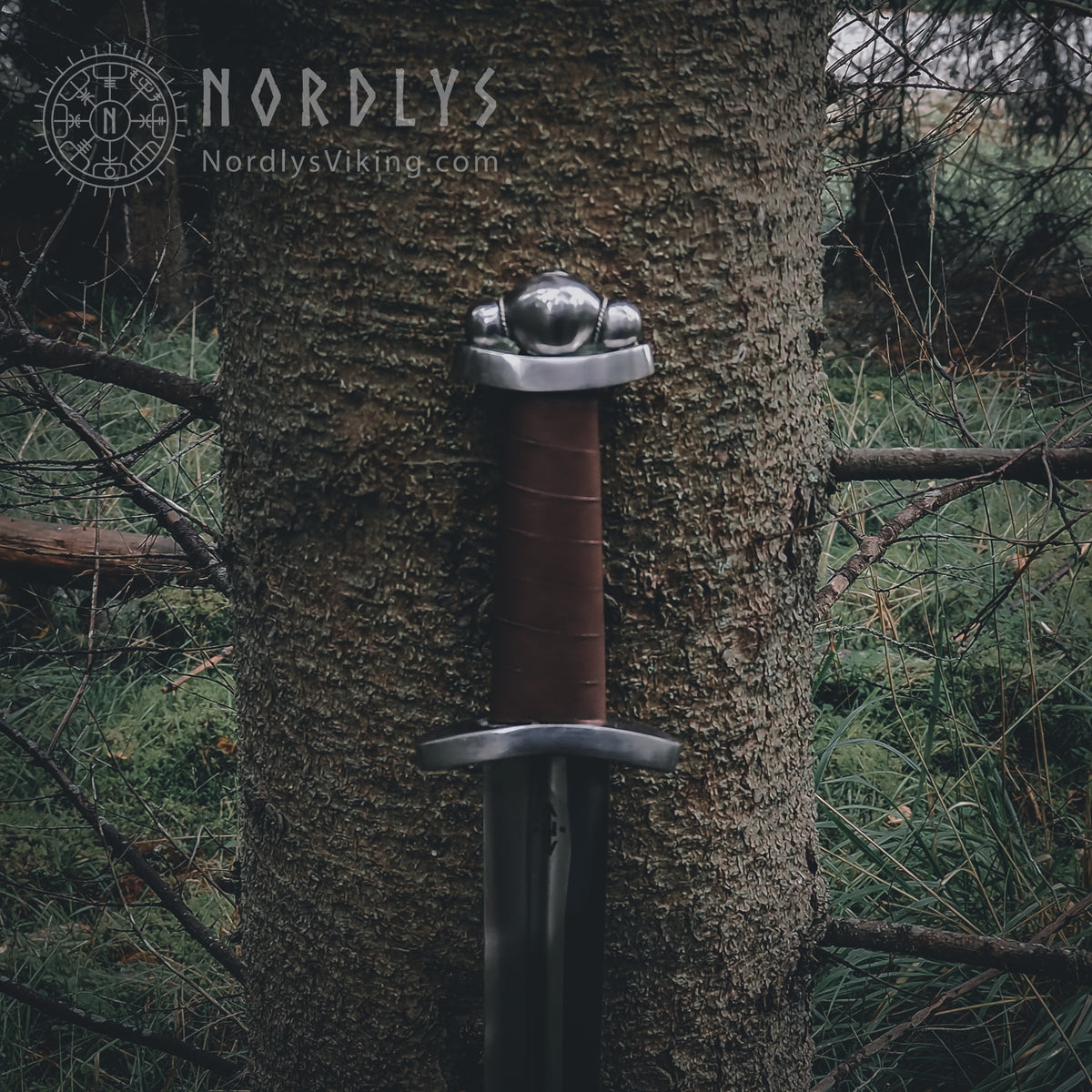 Handsmitt vikingsvärd av typ S från 800-talet visad vertikalt mot mossig trädstam. Massivt kolstålblad, läderslaget handtag med bindningar och bronsbeslag på slidan. Skogsatmosfär.