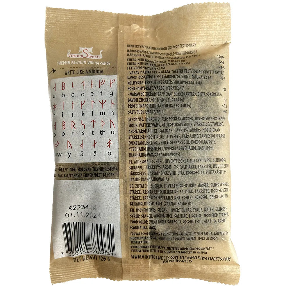 Baksida av vikinggodisförpackning med fullständig ingredienslista, näringsfakta och Elder Futhark-runor i ett rutnät för att "skriva som en viking". Streckkod och webbadress synlig.