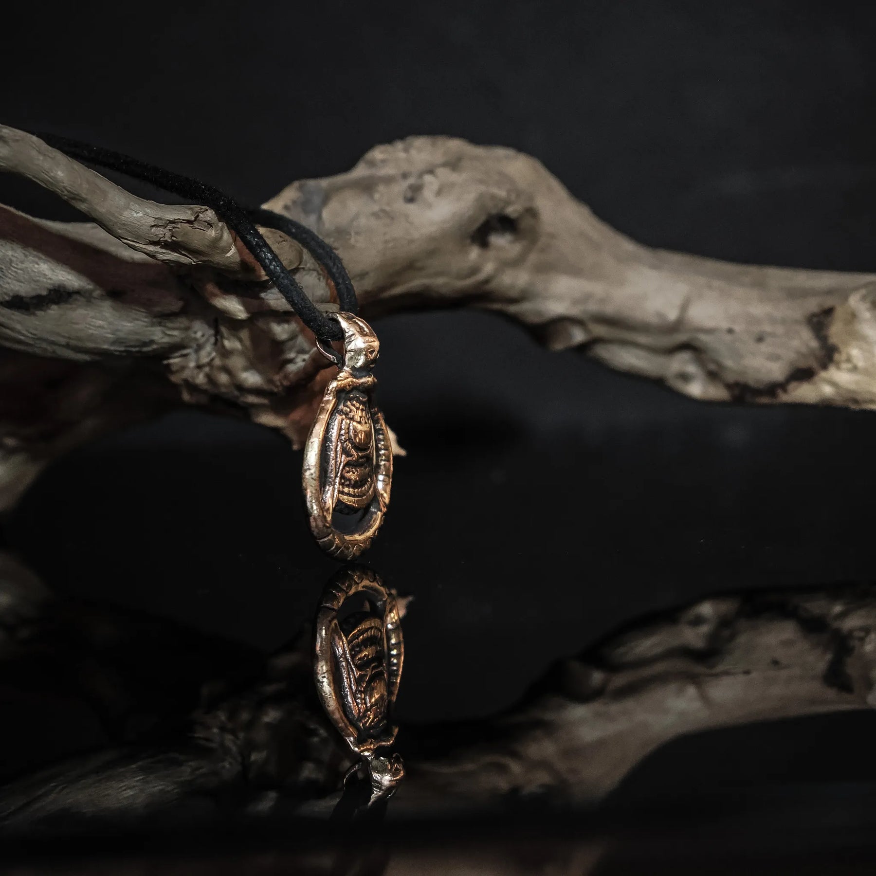 Två bronsberlocker med vikinginspirerad design och ornerad dekoration, fotograferade mot driftwood för att visa detaljerna.