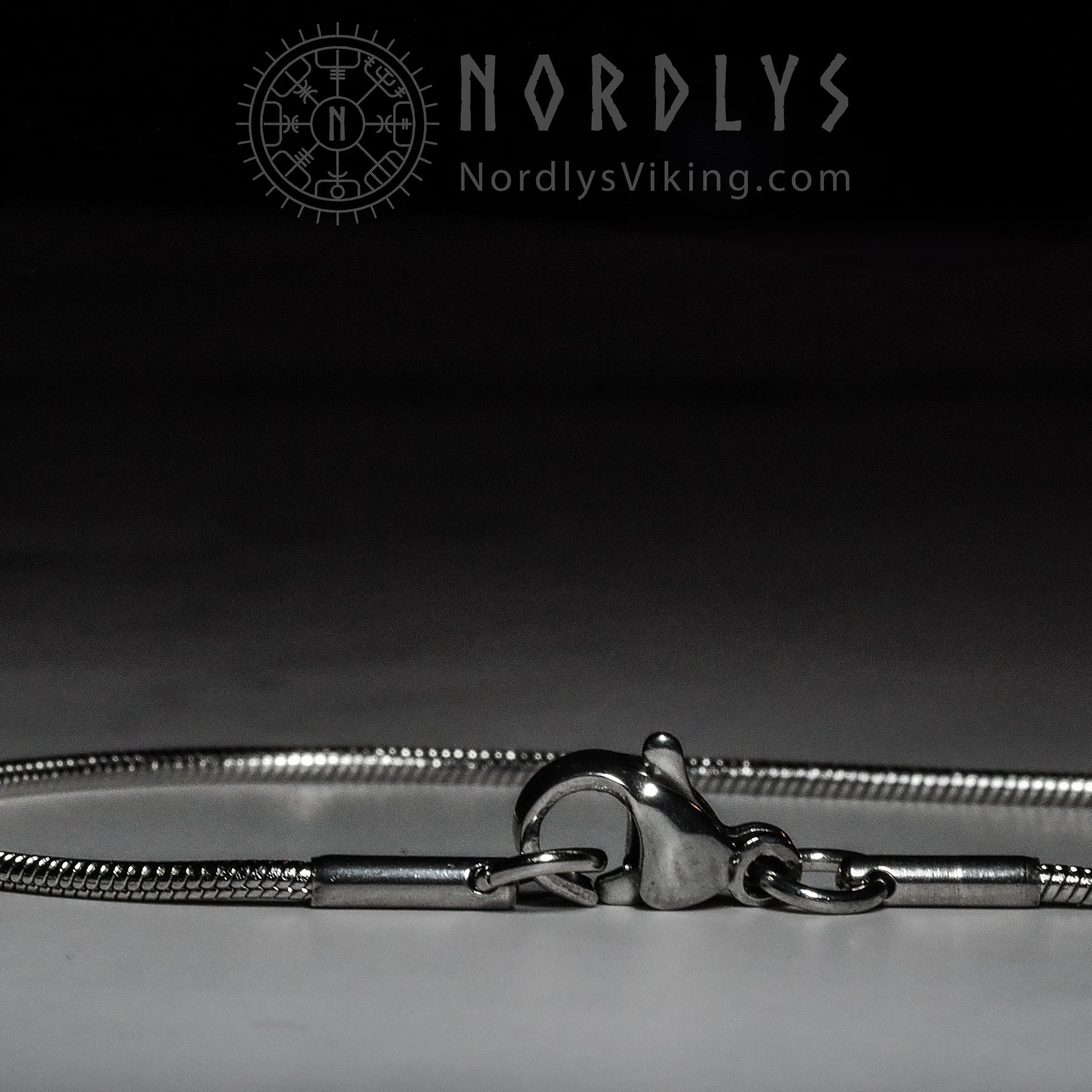 Silverfärgad halskedja för hängsmycke från Nordlys Viking, fotograferad tillsammans med företagets logotyp och webbadress.