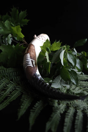 Dryckeshorn placerad på grön kärleksörten, visar den djupt snidda vikingaskeppsmotiven mot naturlig bakgrund. Hornets texturer är tydliga med ljusa och mörkare partier.