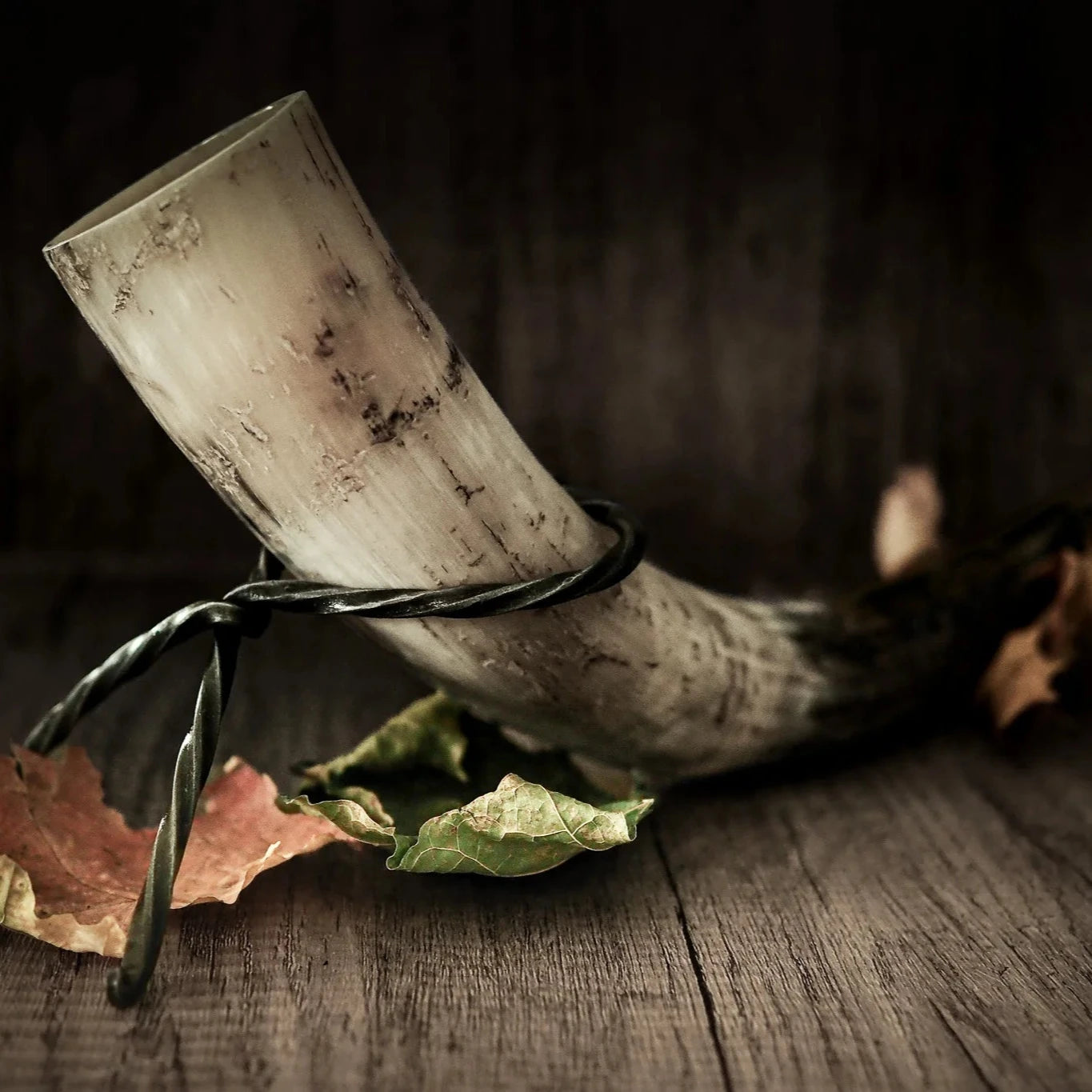 Polerad dryckeshorn i naturlig färg monterad i järnsmide-stativ, omgiven av höstlöv och mossa