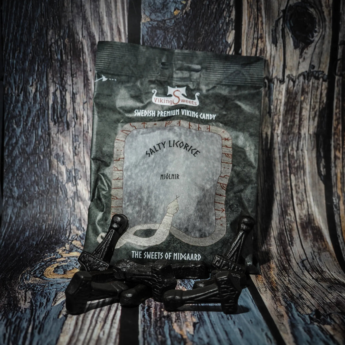 Viking Sweets Saltlakrits-paket på grön påse med rundesign