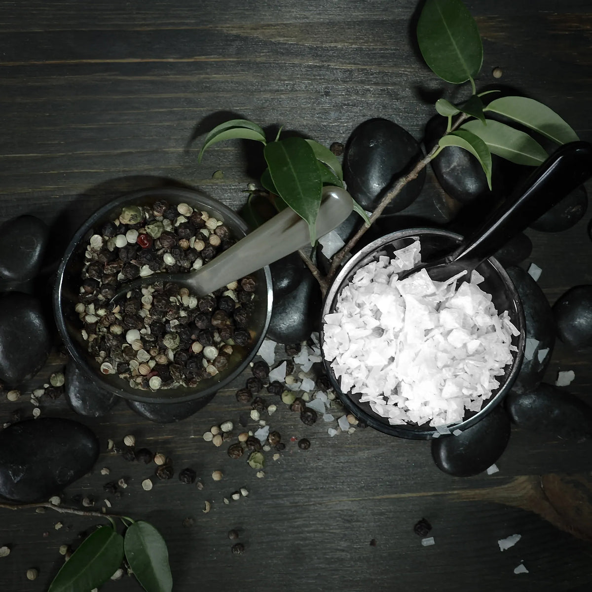 Två hornskålar på mörk träyta fyllda med gröna kryddor och vit salt, med dekorativa handtag och spridda ingredienser