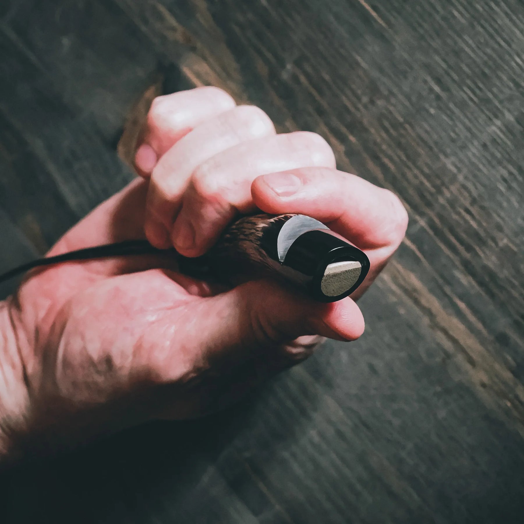 Hand som håller hornvisselpipa med läderband på träyta, visar produktens storlek och hantering i naturlig användning