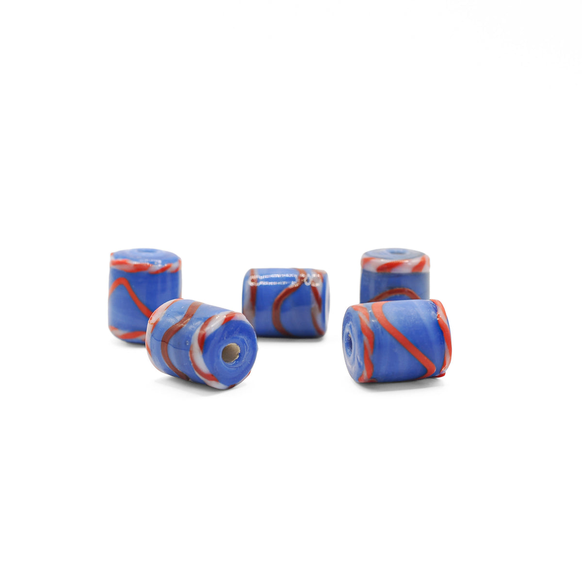 Blue tube-shaped glass bead with red and white pattern