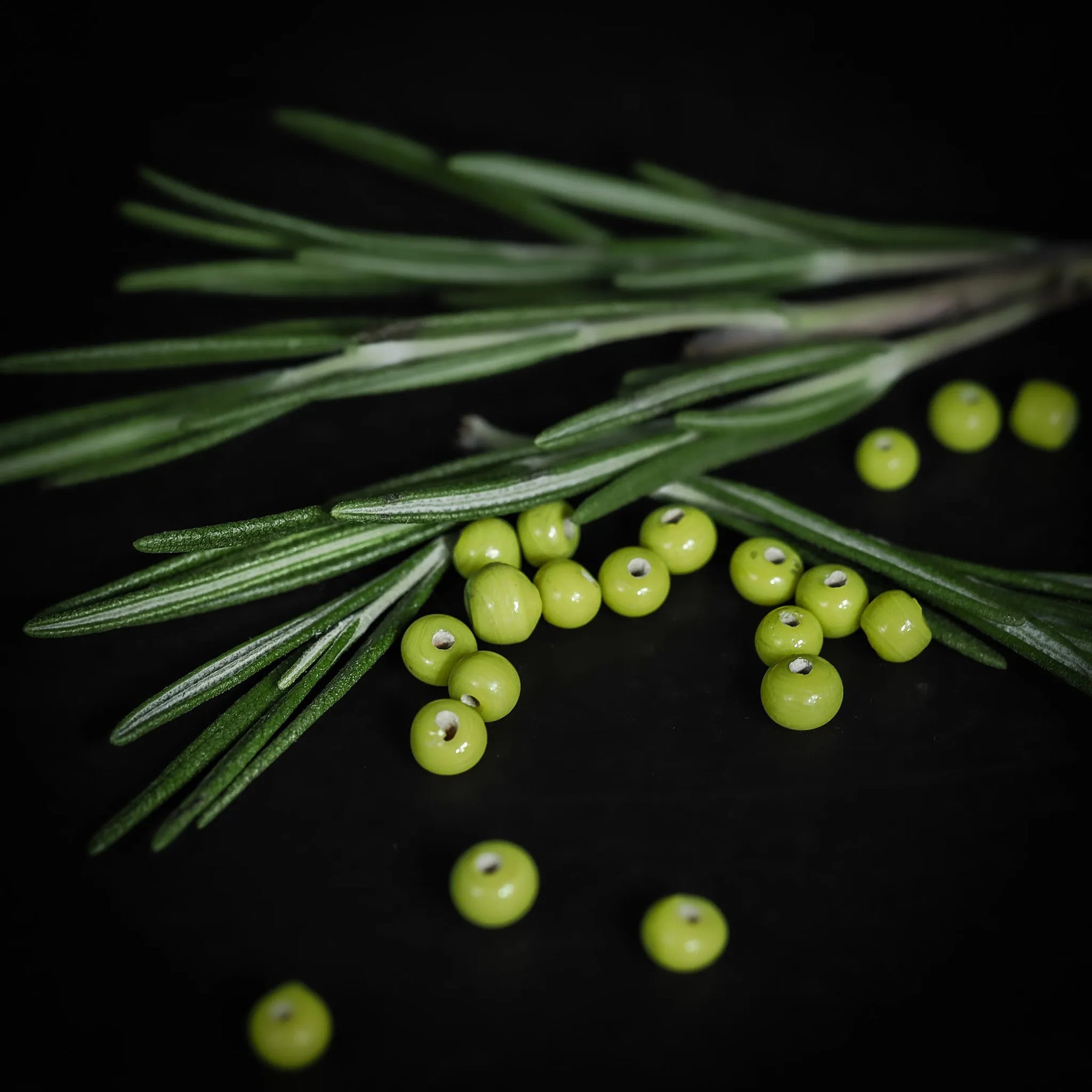 Handgjord liten glaspärla i limegrön färg, cirka 4mm diameter, med små hål för tråd. Liggande på gröna barrgrenar mot mörk bakgrund.