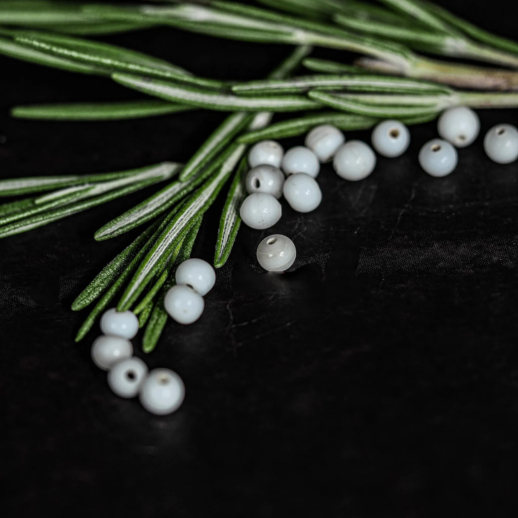 Vita glaskulor med 4mm diameter arrangerade på mörk bakgrund med grönt barrris. Små vita rundade pärlor med tydliga borrhål, fotograferade för att visa transparensen och ytfinish på varje pärla.