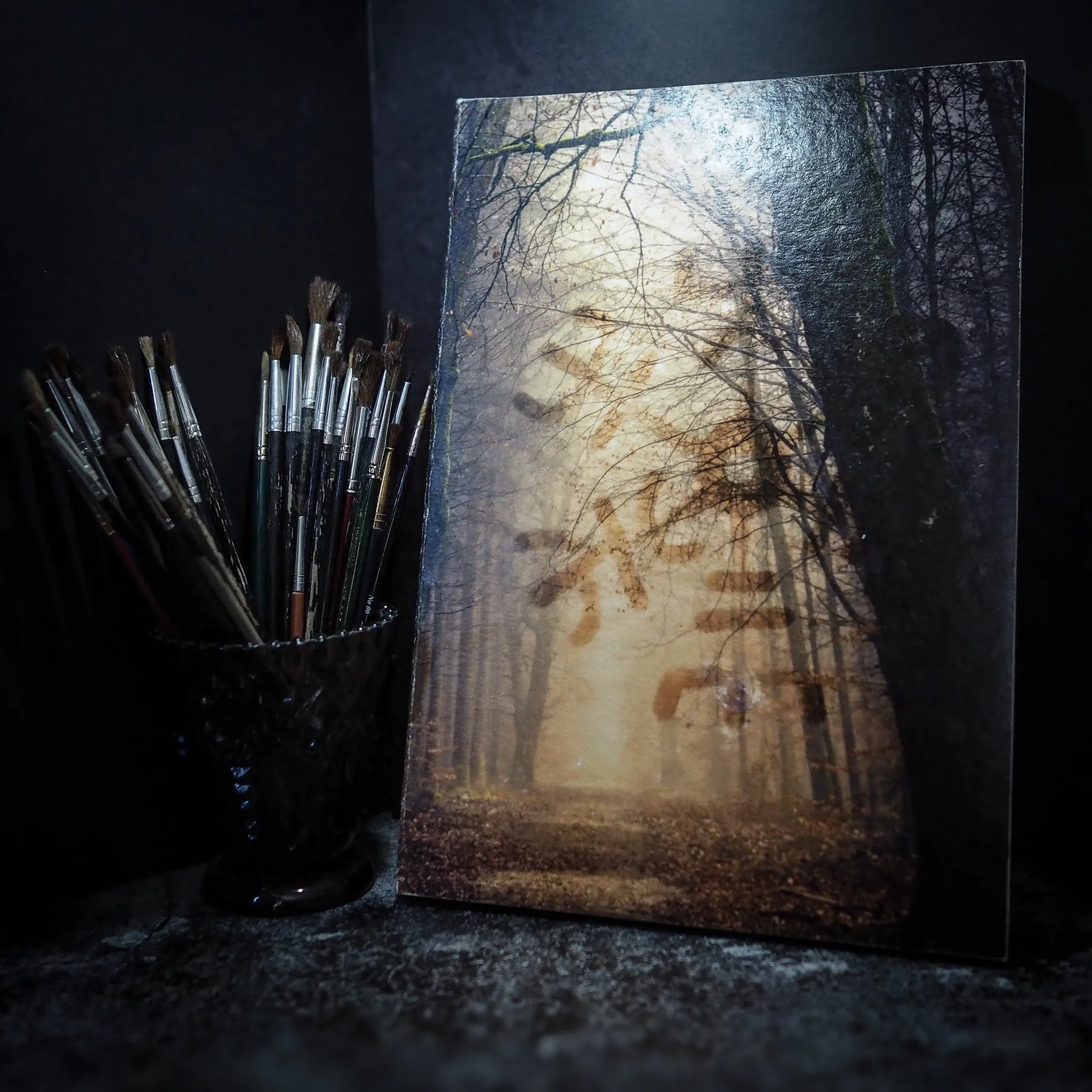 Målarbok i A4-format med mystisk skogsscen på omslaget. Gyllengul ljuseffekt genom trädlinja som skapar vikingatida atmosfär. Handgjort bomullspapper, 32 sidor. Vegvisir-motivet föreställer nordisk navigationssymbol. Pensel och blyertshållare i bakgrunden.