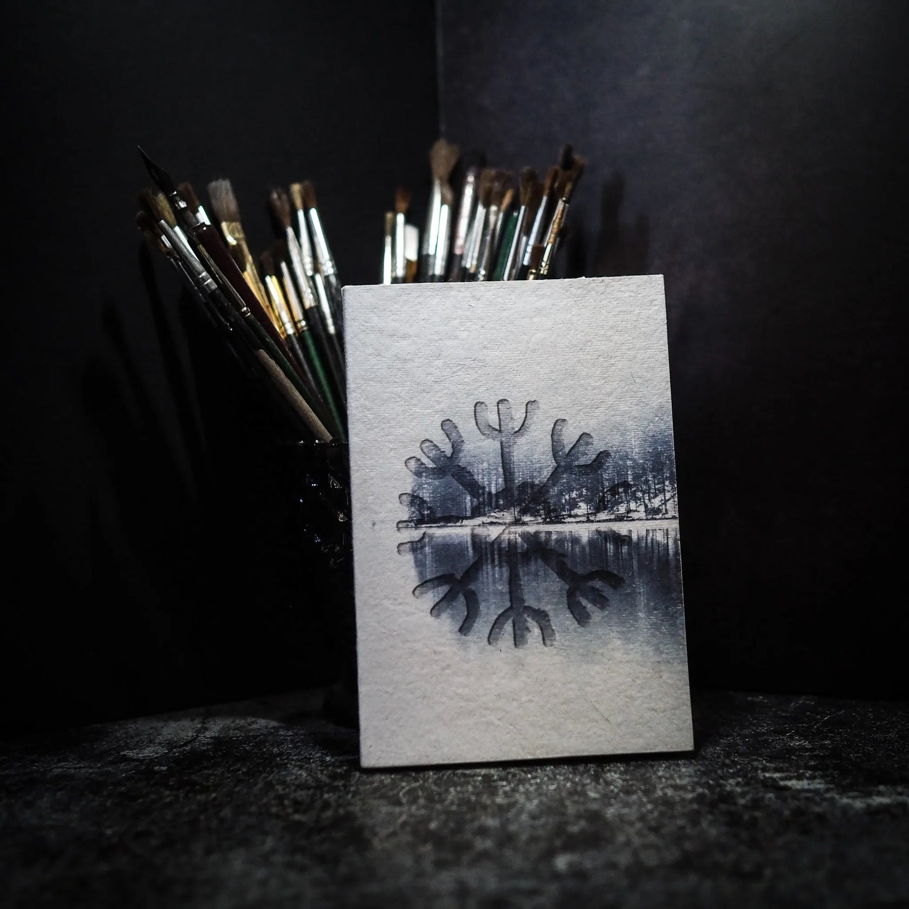 A6 målarbok, Skyddsruna med Aegishjalmur. Omslag visar vintrig skogsbakgrund med barrträd och vattenreflektion. Runmotiv i centrum. Känd som skyddsruna i nordisk tradition.