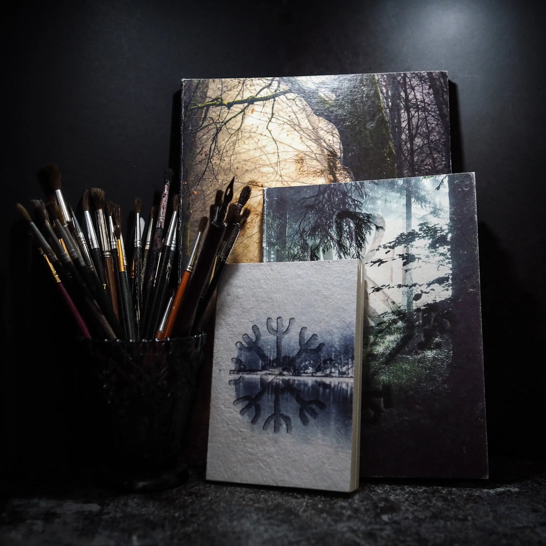 A6 målarbok, Skyddsruna med Aegishjalmur, visad med penslar. Arrangement visar omslag, innehållssida och runmotiv. Konstnärlig presentering.