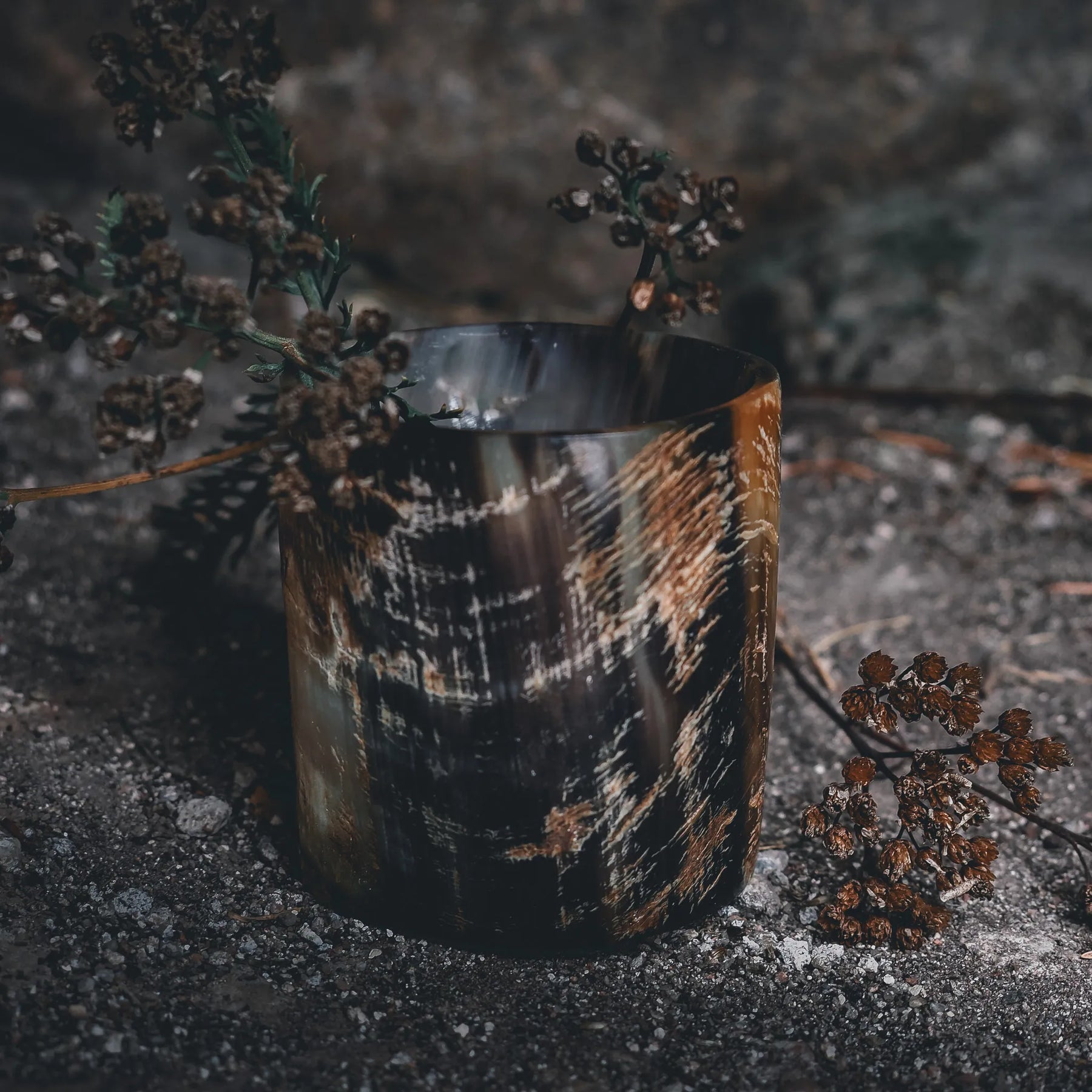 Whiskyglas i naturlig horn med organisk textur och jordiga färgtoner, omgivet av torkade växter