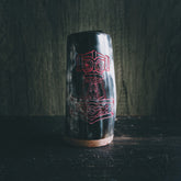 Black organic horn beer mug with red engraved Thor's hammer and Nordic geometric patterns
