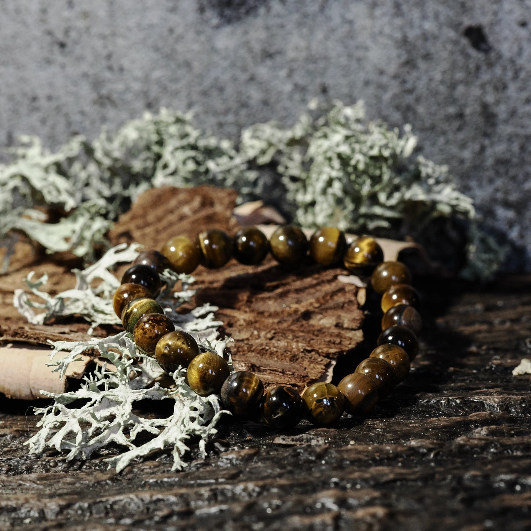Armband stenpärlor - Tigeröga variant. Elastiskt armband med polerade tigeröga-pärlor i gyllene brunt med svarta ådror på rustik träbas med mossbeväxt stenbackgrund.