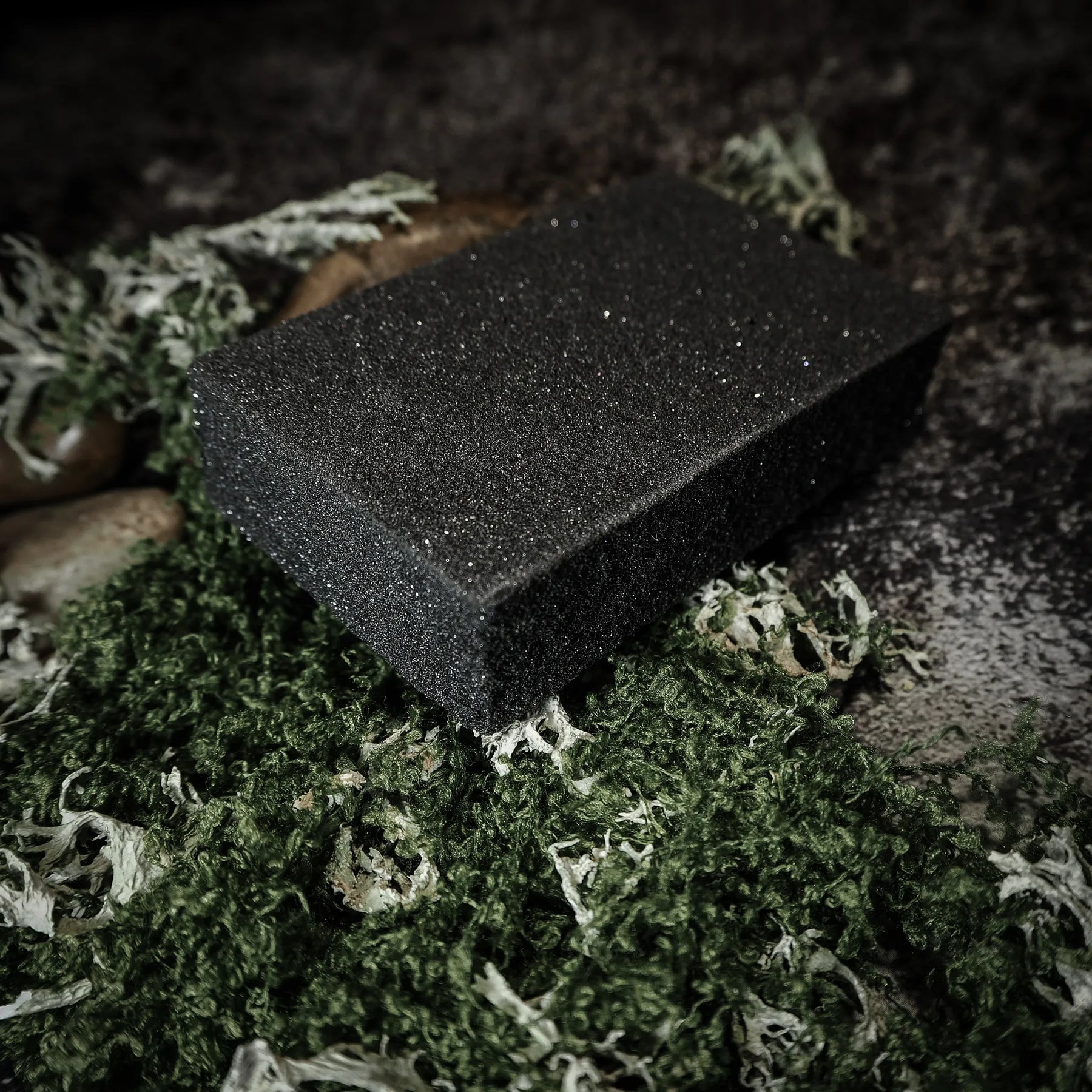 Dark grey rectangular abrasive cleaning block shown from alternate angle on natural moss background