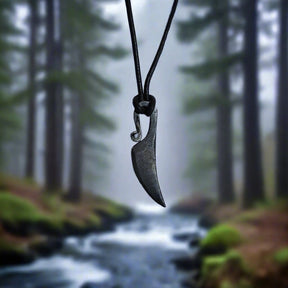 Kvinnokniv mini - liten smidlad knivhänge i mörkt metall på svart läderband. Väl proportionerad blad med naturlig krökform, presenterad mot oskärpa skogs- och bäckbakgrund.