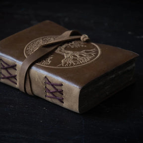 Närbild av anteckningsbokens rygg med läderband och handgjort bomullspapper synligt på kanten