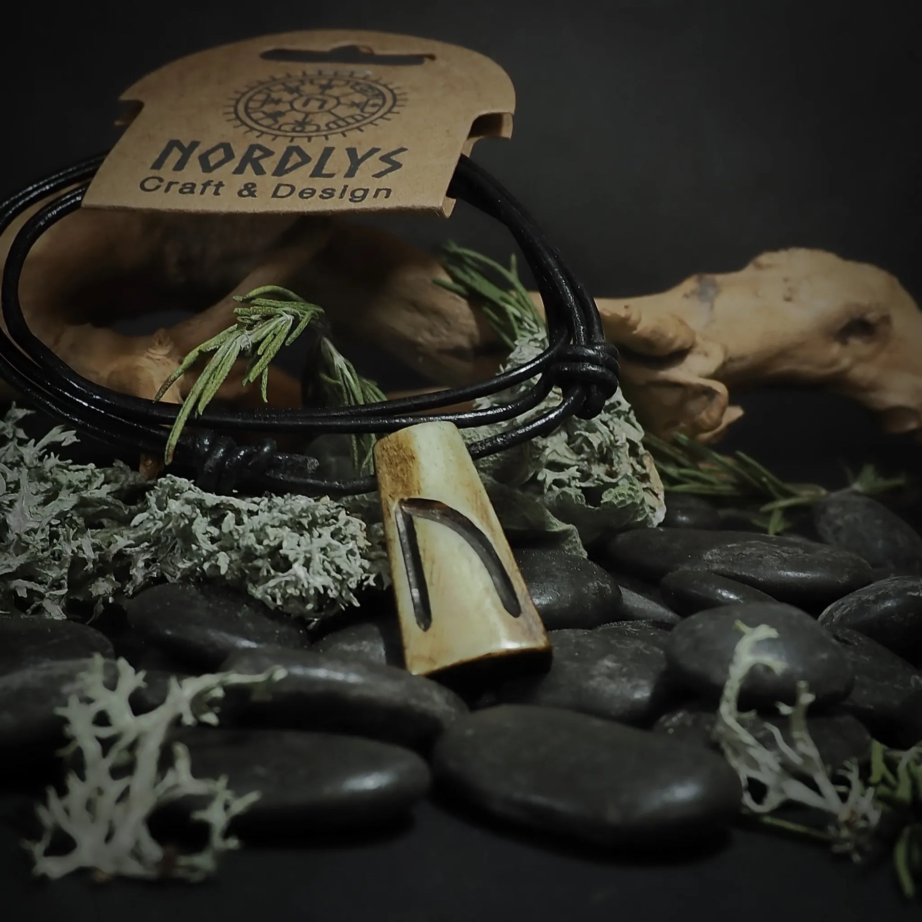 Handgjord Nordiska Runor halsband av oxben med Fehu-runan på svart lädersnöre, stiliserat med naturliga element och mörkrätverk.