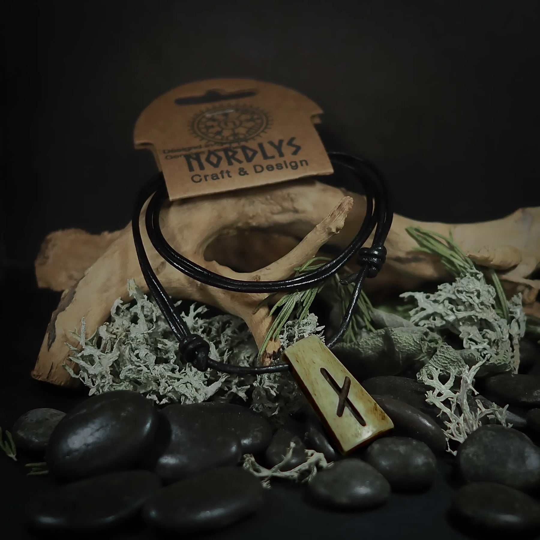 Handgjord runhalsband i ben på svart lädersnöre med Tiwaz-runan, visad på mannekäng med NORDLYS märke, stiliserad med naturliga material som dried moss och stenar.