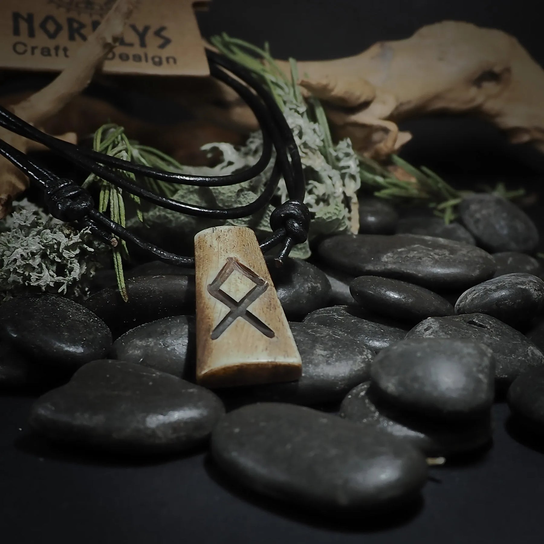 Runhalsband med Algiz-runan inristad i oxben. Pendant är monterad på svart lädersnöre och presenteras på naturlig bakgrund med stenar och mossa. Produkten exemplifierar nordisk hantverk och traditionell design.