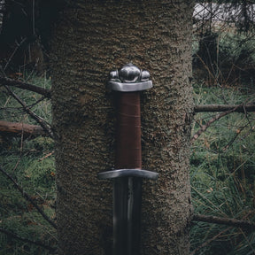 Lofotr Viking sword – pommel and leather-wrapped grip against tree trunk, blade pointing down