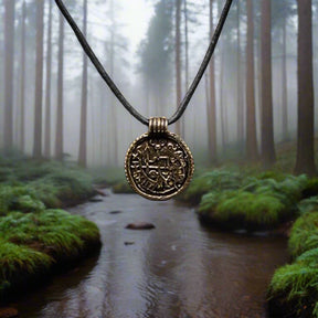 Skyddsamulett brakteat i brons på svart läderband, fotograferad mot mistig skogsbäck
