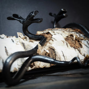 Älgskruv med framträdande älghorn som formar handtaget, fotograferad på vittvättad björklogg täckt av lav. Detaljerade ansiktsfötryck synliga i skulpturen. Svart metall mot ljus trä skapar starkt kontrast. Visar både estetisk form och funktionell design.