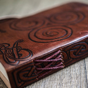 Detaljbild av ryggen på läderanteckningsbok med spiralmönster och handgjord trådbindning