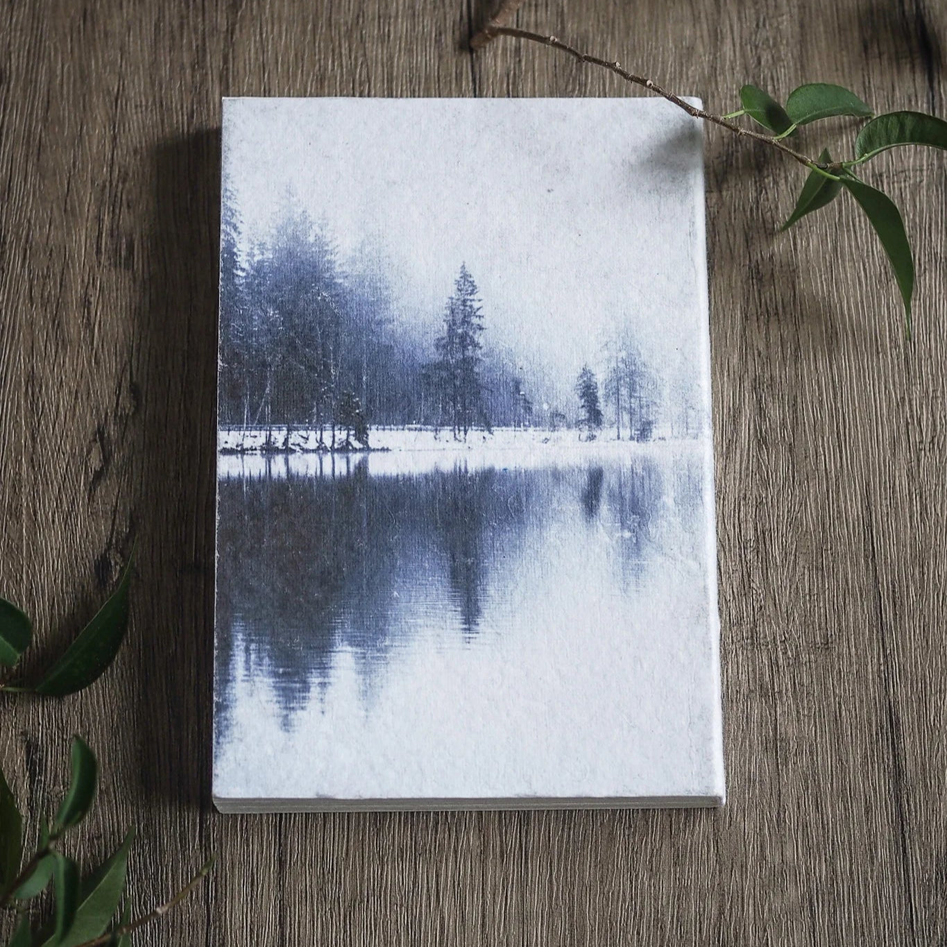 Målarbok A6 med Skyddsruna Aegishjalmur. Sidan visar en lugn vinterscen med snötäckta barrskog och spegeling i vatten, ritad i blå toner på träbakgrund omgiven av gröna växtdelar.