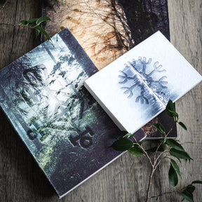 Två vyer av A5 målarbok, Kärleksruna. Vänster: stängd bok med mörkblå omslag och skogsmotiv. Höger: öppen uppslag med linjestilsdesign och runmotiv. Fotografi på trä med växter.