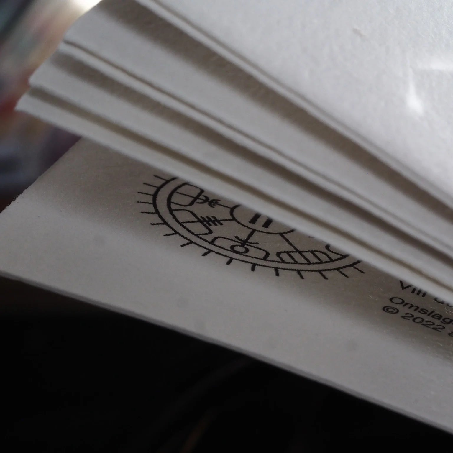 Makrofotografi av Vegvisir-runmotiv tryckt på sidkant, visar detaljerad nordisk geometri och svart bläck på papper