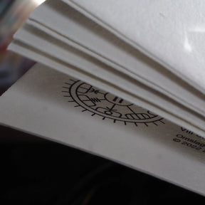 Makrofotografi av Vegvisir-runmotiv tryckt på sidkant, visar detaljerad nordisk geometri och svart bläck på papper