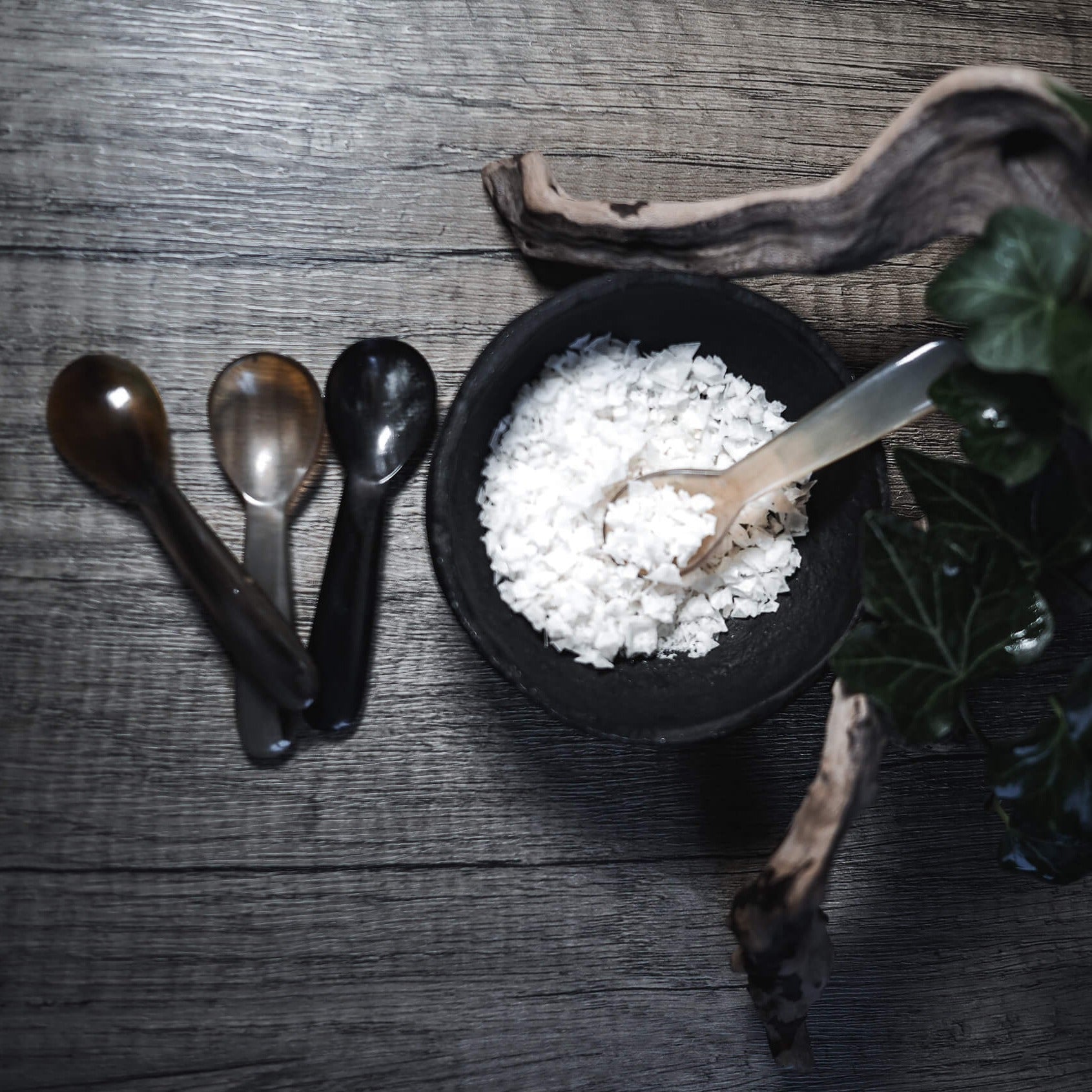 Saltsked i horn, dryckeshorn för vikingmetodisk servering.