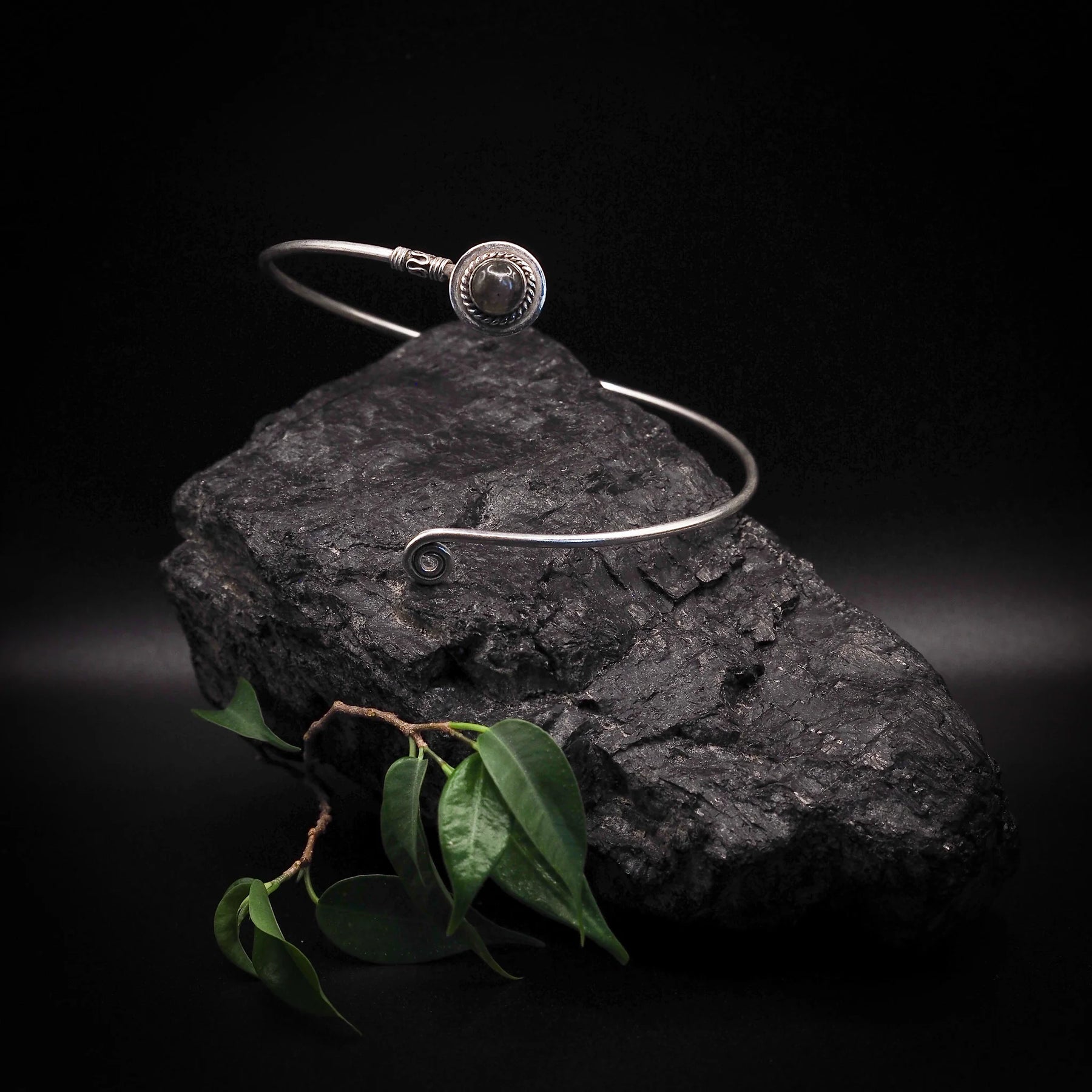 Upper arm ring with purple amethyst semi-precious stone in silver-plated brass bezel setting, adjustable open-cuff design