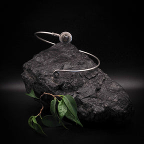 Upper arm ring with purple amethyst semi-precious stone in silver-plated brass bezel setting, adjustable open-cuff design