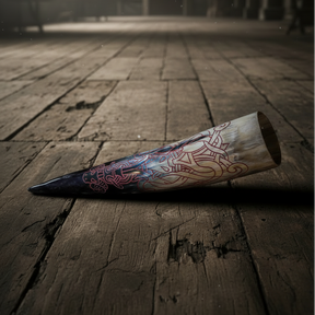 Naturligt horn fotograferat horisontellt på gammalt trägolv. Hornet har mörksvart färgning med röda eller koppargula graveringsdetaljer. Rustik Viking-stil produktbild på slitet träverk.