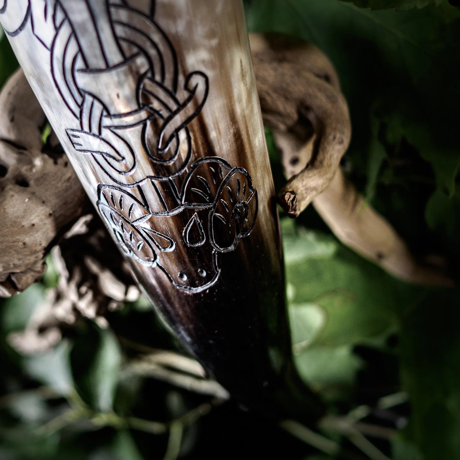 Närbild av graverad hornyta med djupa karvningar som visar intricerat norrskt knotwork och geometriska mönster. Naturlig belysning framhäver snidningarnas djup och detaljer.