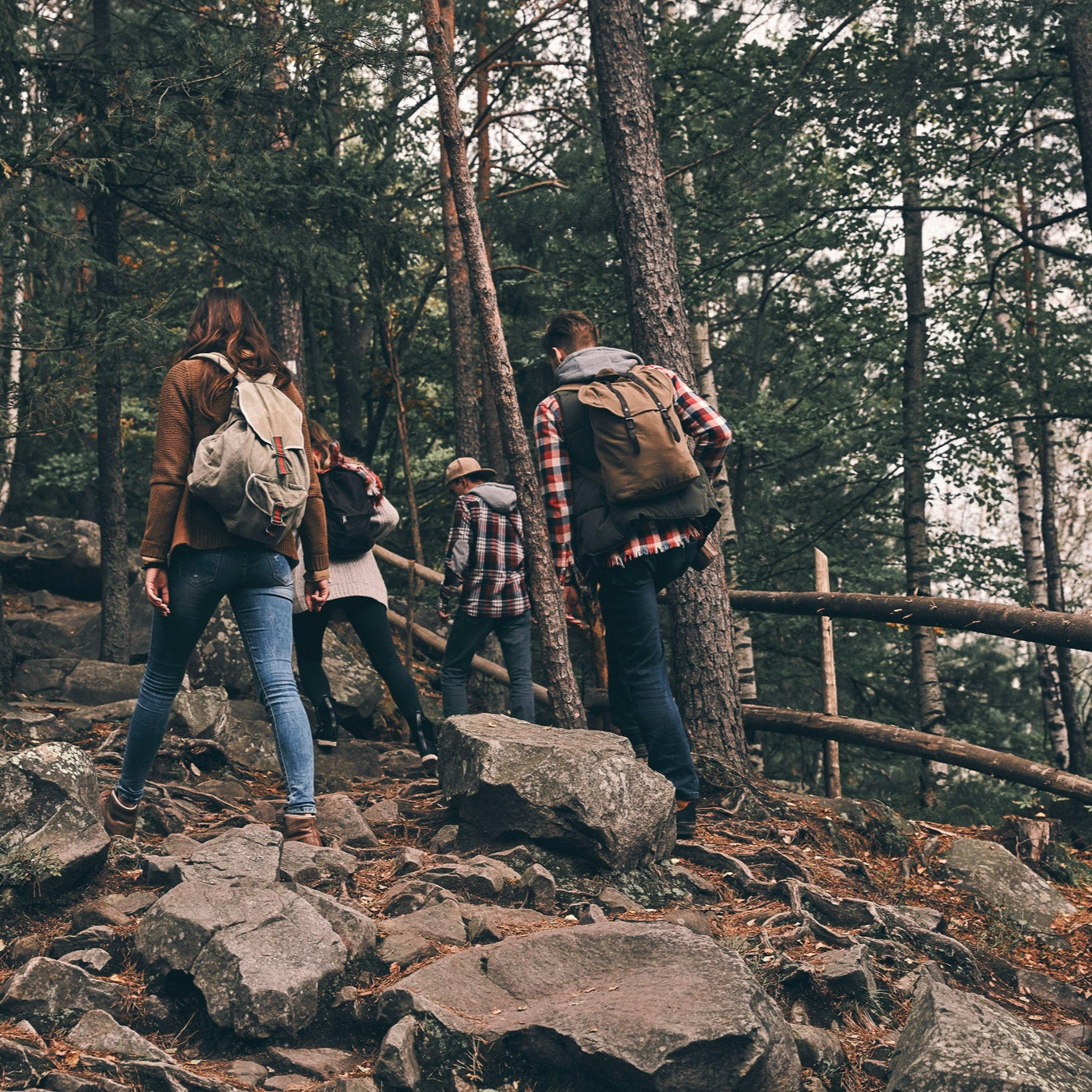 Tre personer med ryggsäckar vandrar uppför klippig skogsled, livsstilsbild för visselpipa