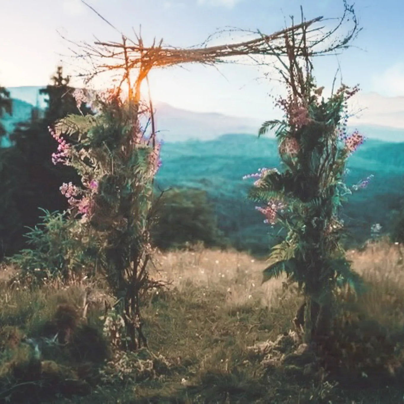 Vikingabröllops-ceremoniuppsättning med dekorerad båge av torkade grenar och rosa blommor i naturlig utomhusmiljö