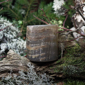 Detaljfoto av hornglasögon som visar naturlig textur med ådringar och randiga mönster, fotograferad på trädkvist och mossa.