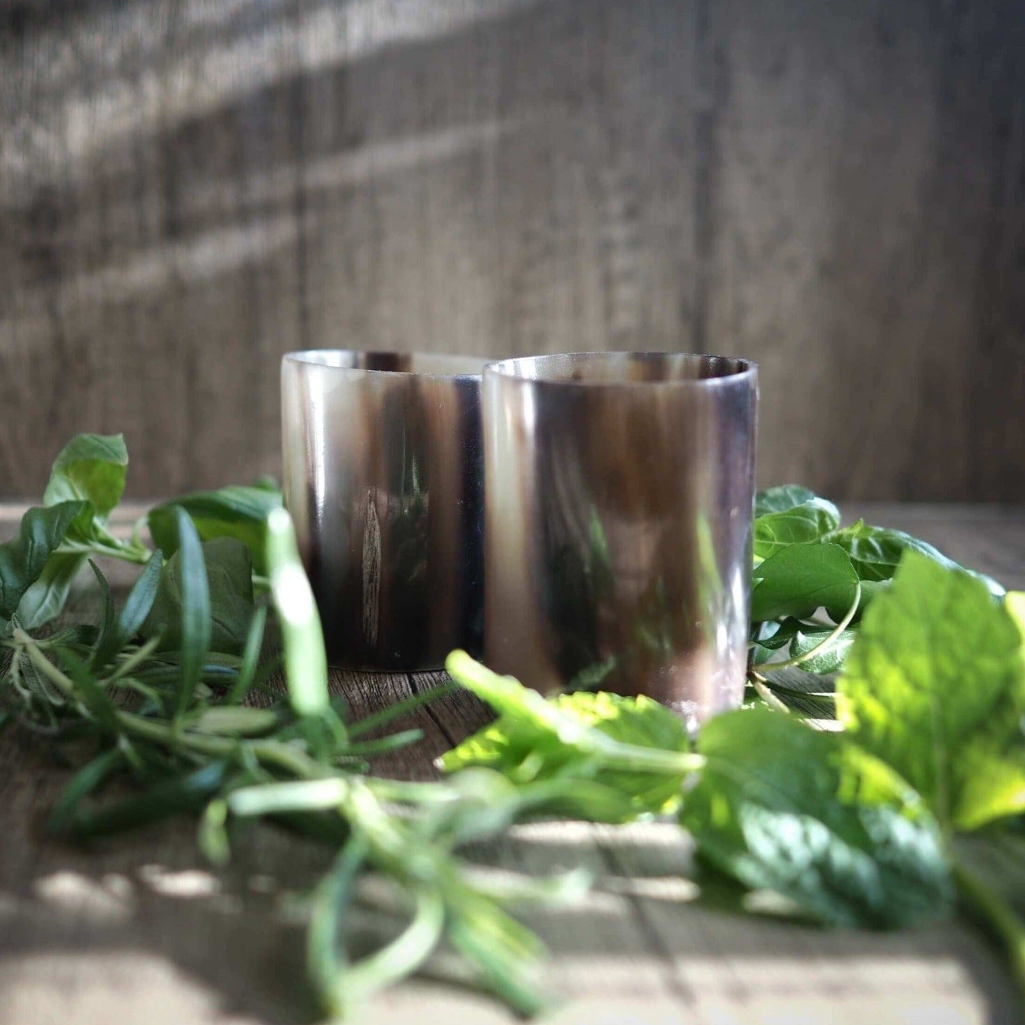 Polerade whiskysglas i horn med glatt finish på träyta, dekorerade med gröna örter