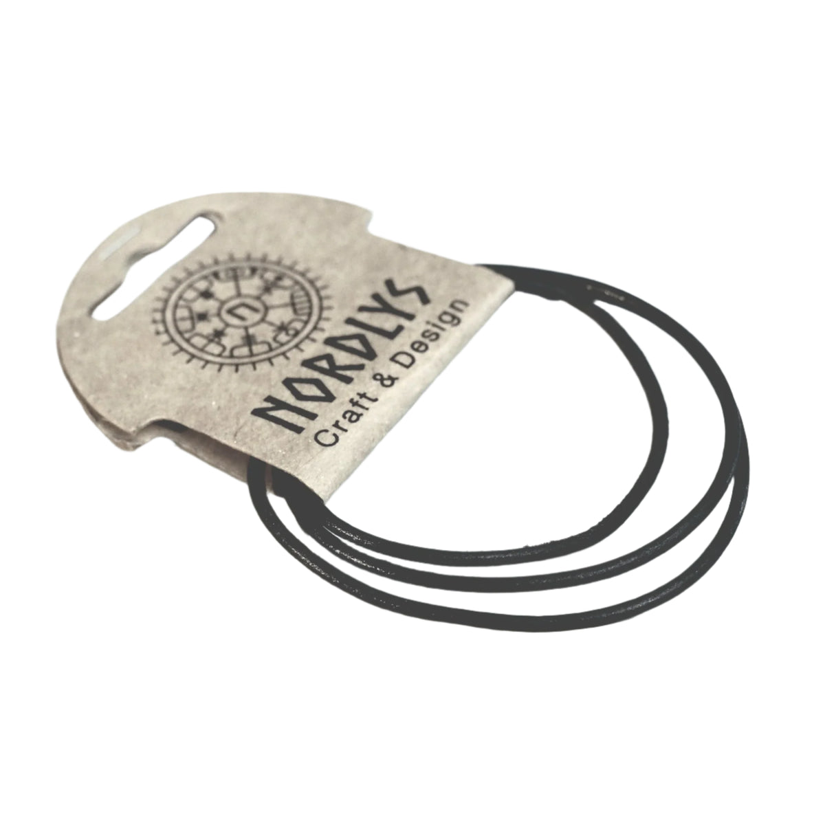 Leather cord for jewellery, 80 cm – the cord coiled on a hang tag, seen straight from above