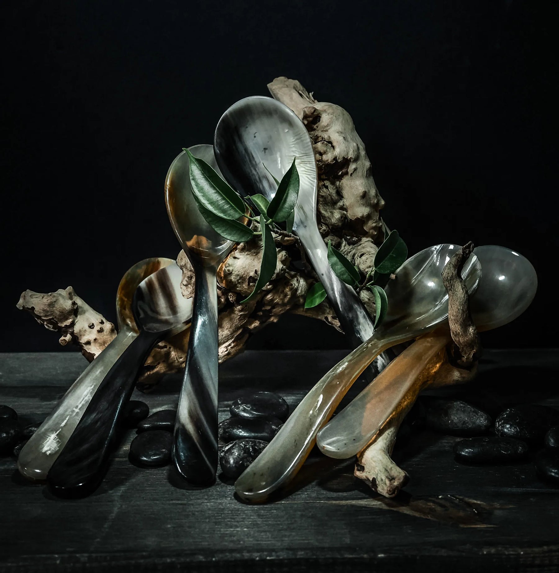 Matskedar i horn, set med 6 stycken. Varje sked visar naturlig hornstruktur med mörkgrå till ljusbeige färgtoner. Skedarna är arrangerade på en mörk trävobbyyta omgivna av naturliga träelement och gröna växter.