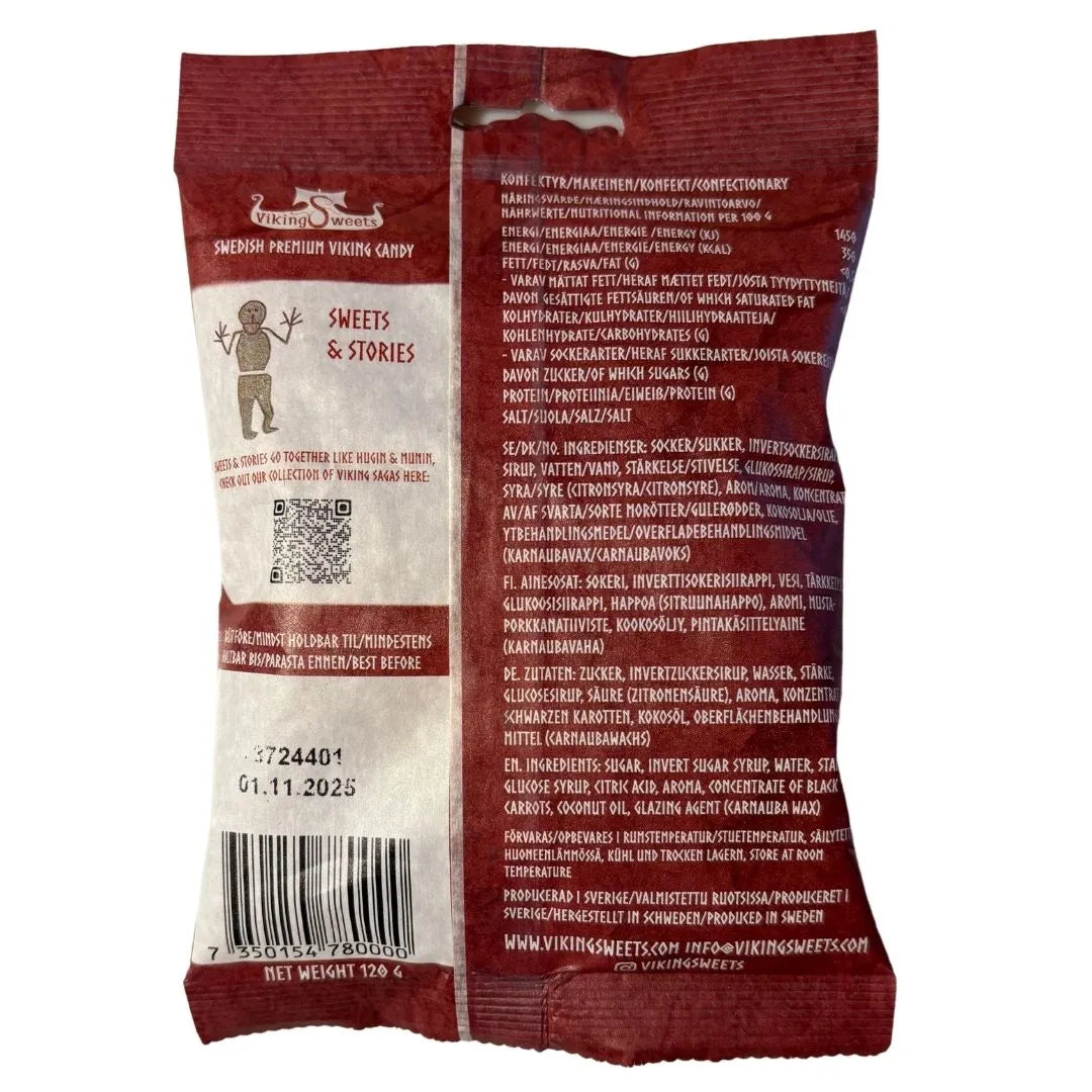 Baksida av vikinggodispaket 'Härliga Hallon' med näringsinformation, ingredienser, streckkod och utgångsdatum 01.11.2025. Enkel runfigur på framsida.