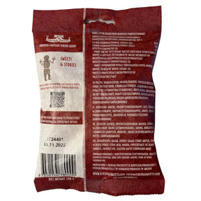 Baksida av vikinggodispaket 'Härliga Hallon' med näringsinformation, ingredienser, streckkod och utgångsdatum 01.11.2025. Enkel runfigur på framsida.