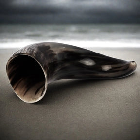 Stor polerad dryckeshorn gjord av organiskt horn, fotograferad mot ljus bakgrund, visar naturlig glans och struktur