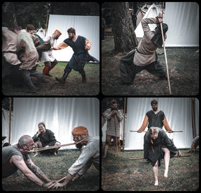 Fyra fotografier från historisk lekar-demonstration utomhus visar människor i tradionella vikingakläder som utövar gammal stil kampsporter, tjugtåg och brottning